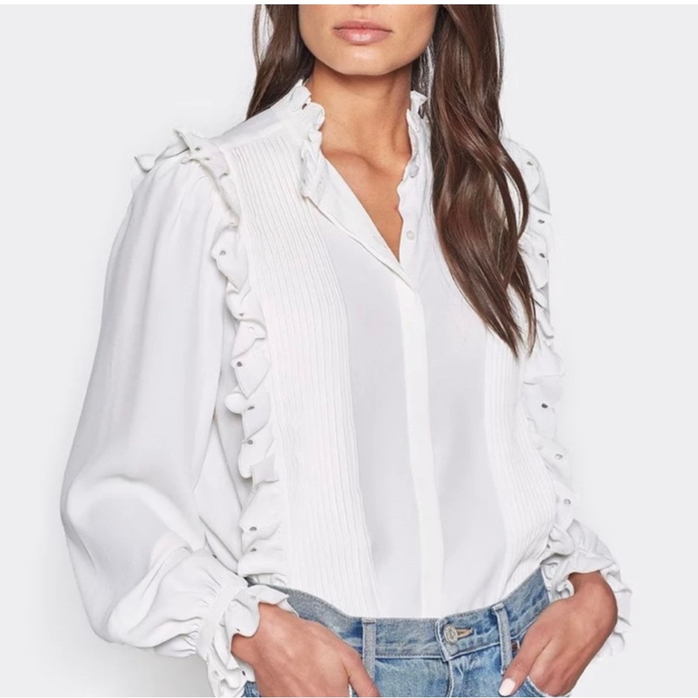 Joie Cheyanne Porceline XXS. Silk Long Sleeve Ruffle Blouse with white Buttons